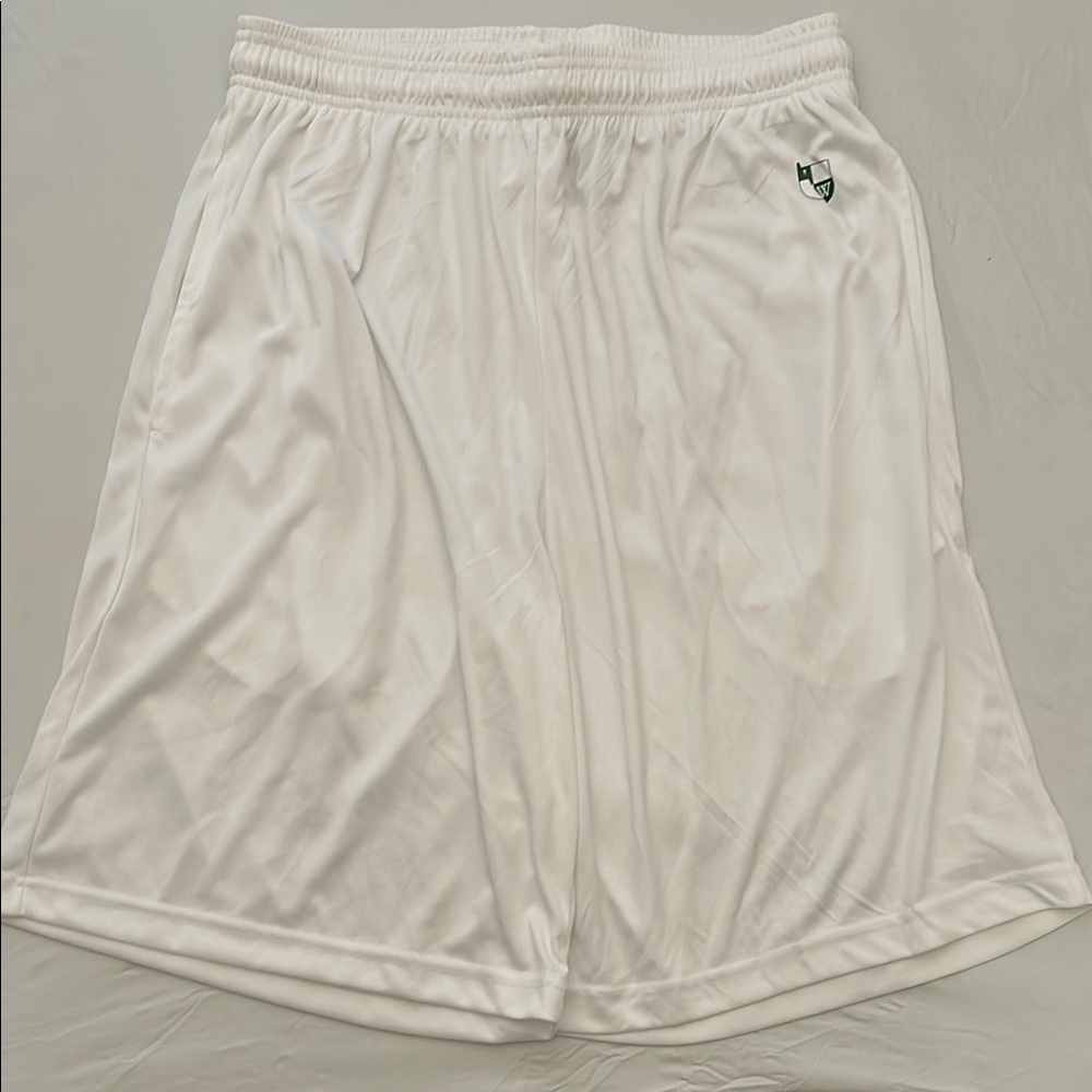 Badger white Camp Wekeela green logo basketball shorts